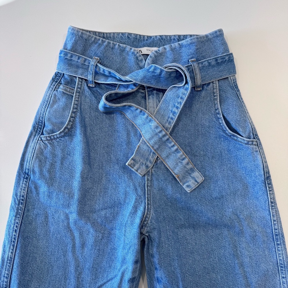 Zara Paperbag Tie Front Denim Ankle Mom Jeans / Blue / 2